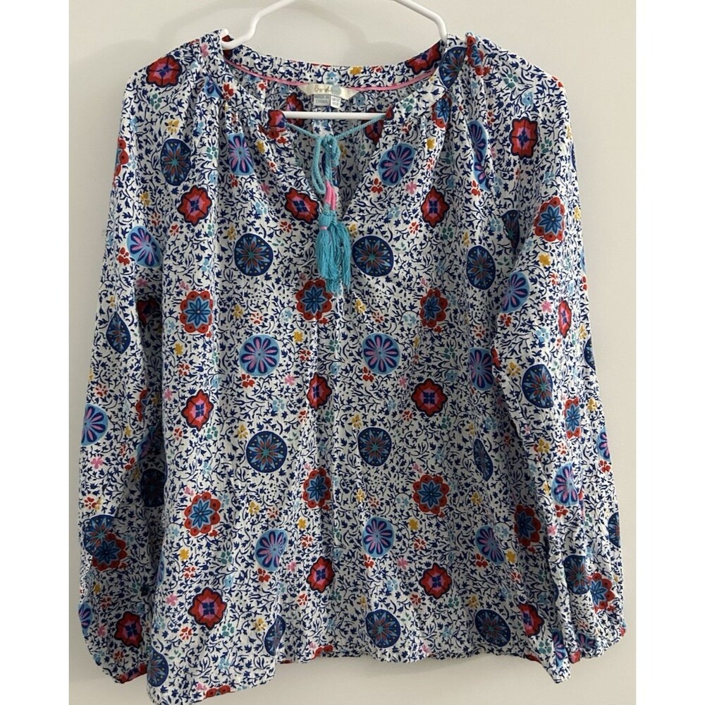 Boden  Boho Peasant Blouse  Mosaic Floral Popover Top Shirt colorful tassel 8